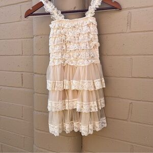 Toddler Cream Lace Ruffle Dress size Medium with Burgundy removable sash‎